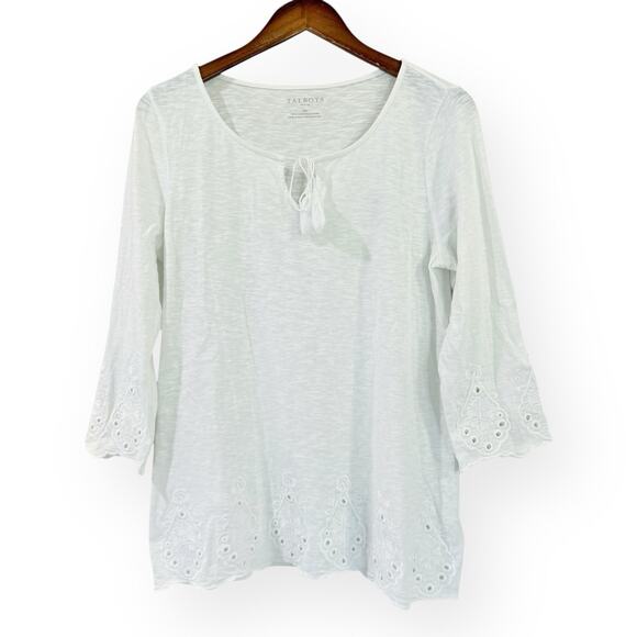 Talbots Embroidered Eyelet Pullover Tunic Womens MP White Slub Cotton Tassel Tie - Picture 1 of 7